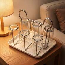 1pc 6‑Cup Stainless Steel Cup Drying Rack, Detachable Drip Tray With Handle, Kitchen Countertop Mug Storage Organizer - Multicolor - View 10