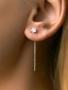 SYMFNY 1 Pair Of 925 Silver Minimalist Mini Geometric Pentagram Heart-Shaped Flower Circular Square Artificial Zirconia Ear Threading Thread - Silver - View 4