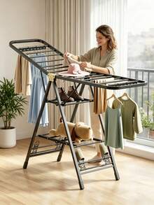 Foldable Wing‑Shaped Clothes Drying Rack With Multi‑Rod Drying Positions, Large‑Capacity For Drying Clothes And Bedding, Stable Support Frame, Foldable For Storage, Suitable For Home Balconies And Indoor Use - A - View 1