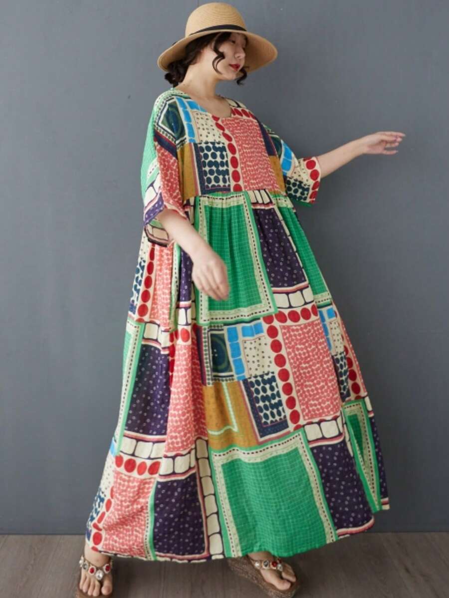 AZAH Halloween Elegant Ball Plus Size Patchwork Dress, Loose Short Sleeve A-Line Summer Dress With Pockets, Mother's Day Vacation - Multicolor - View 1