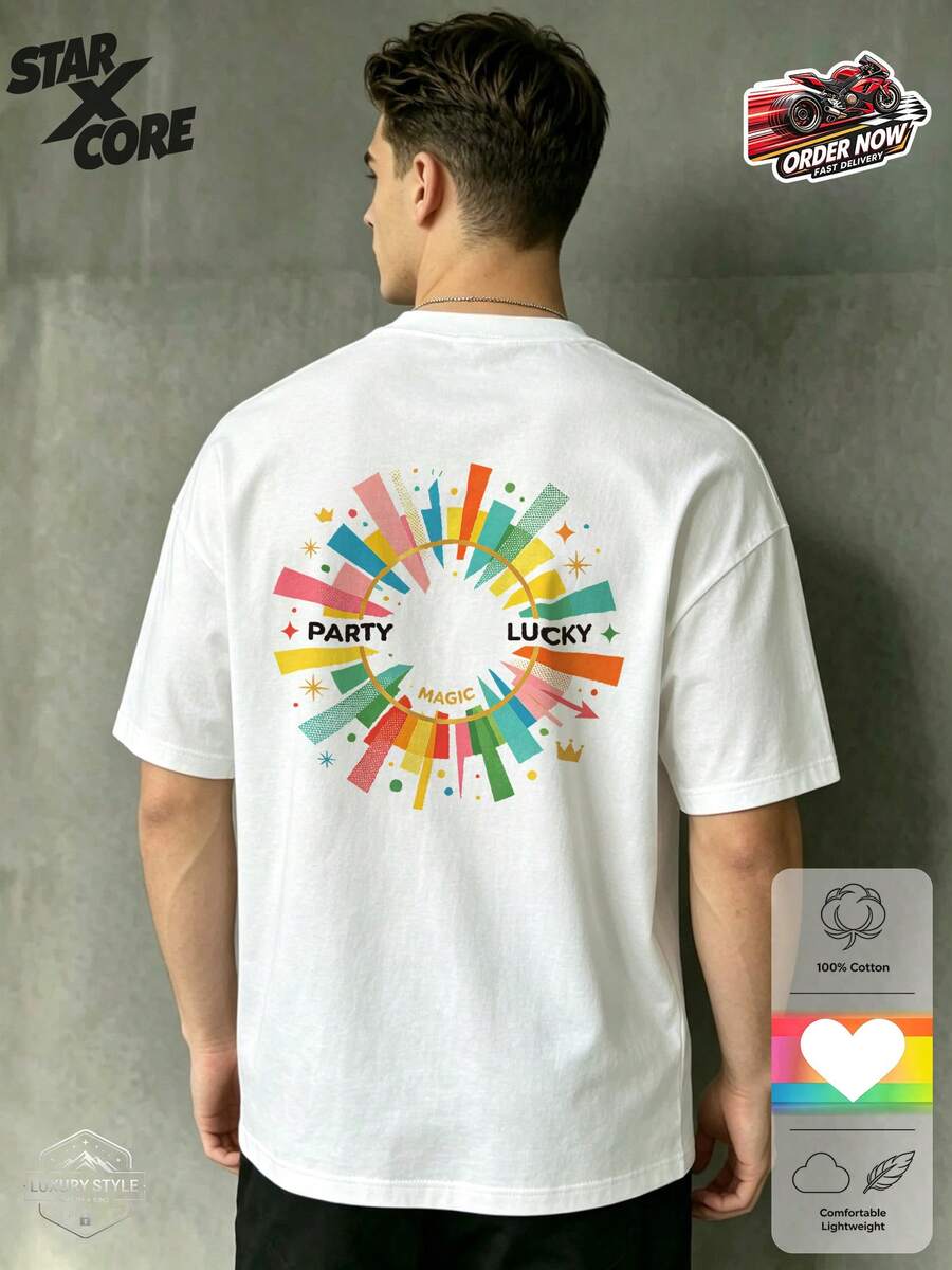 Party Lucky Colorful Wheel Magic Graphic Energetic Summer Fitted Cotton Short Sleeve Tee, Men Casual Streetwear Daily Wear - White - View 1