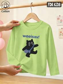 Girls Cotton Raglan Long Sleeve Tee For Fall Winter, Black Cat Print And Blue 'weeisav!' Text, Cute Sweet Preppy Style - Fruit Green - View 1