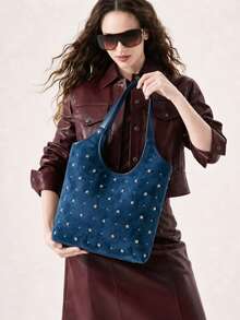 Women Shoulder Tote Bag,Plain Soft Suede Fabric,All‑Over Metal Stud Decoration & Wide Straps,Large Capacity,Retro Style For Work Shopping Daily Outing - Multicolor - View 9