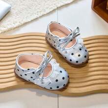 Polka Dot Bow Mary Jane Shoes For Girls, Soft Sole Hook And Loop Casual Sneakers For Toddlers - Silver - View 2