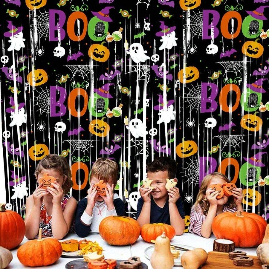 Halloween Bat Pumpkin Ghost Tinsel Curtain Party Background Decoration Photo Prop - Multicolor - View 1