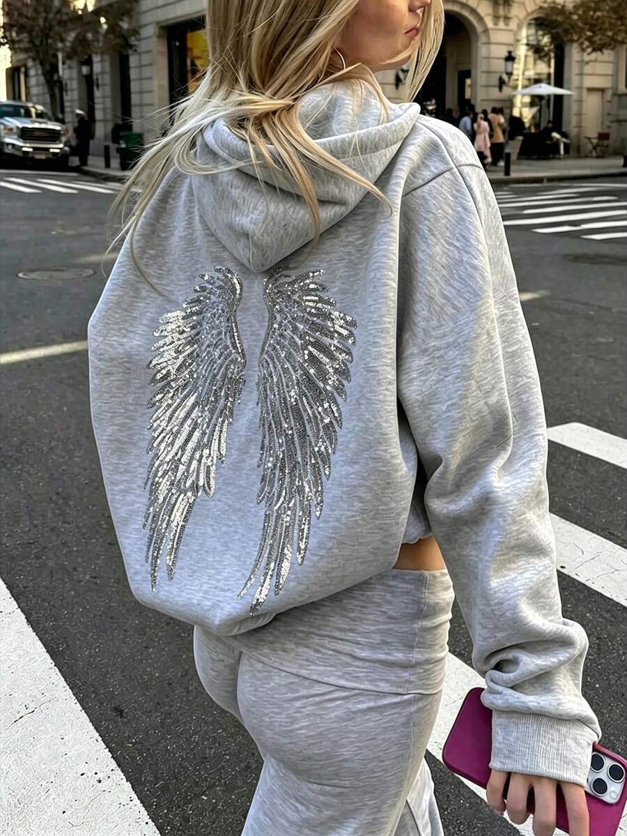 亮片刺繡天使之翼淺灰色女款 Y2K 可愛休閒落肩長袖衛衣,適合秋季 - 灰色 - 查看 1