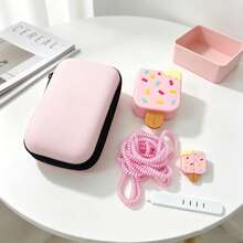 5pcs/Set Pastel Sweet Girl Style Ice Cream Shaped Charger Protective Case EVA Hard Shell Storage Bag, Includes Storage Bag/Protective Head Shell/ Wrap/Cable Tie, Soft Silicone Anti-Breakage Anti-Shock Anti-Drop Anti-Cat Bite Anti-Bend, Compatible With Apple 18/20 Charger Protection Storage, Super Convenient For Carrying And Storage, Essential Digital Accessory For Sweet Girls - Multicolor - View 5