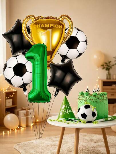 6pcs 32-Inch Green Number Gold Trophy Football Five-Point Star Aluminum Foil Balloon Set, Football Theme Birthday Party, Anniversary Party Decoration Balloons.