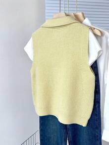 Autumn/Winter New Soft Coffee Color Ribbed Knit Vest With Double Zipper Sleeveless Camisole Commuter Casual Layering Essential - Light Yellow - View 5