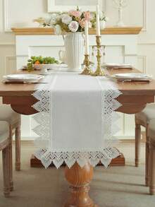 White Water‑Soluble Lace Table Runner, Solid Plain Polyester Table Runner With Geometric Fan‑Shaped Lace Trim, Boho Farmhouse Dining Table Decor For Party Wedding Home Decoration - White - View 3