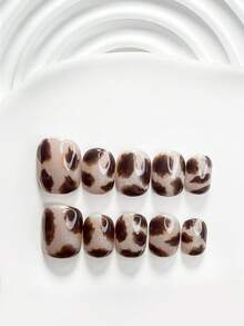 10件裝復古風手工穿戴式美甲，Polygel美甲套組，手繪斑點貓眼設計，銀色與棕色指甲油，酷感風格，含美甲工具，3種尺寸可選，方型/短方型/杏仁型，適合派對、跳舞、日常配戴 - 彩色 - 查看 17