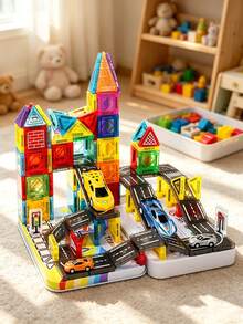 50/30pcs Kids Magnetic Building Blocks City Road Track Car Set, Multi-Functional Magnetic Assembly Toy With Mini Cars, Suitable For 3-14 Years Old Children Birthday/Holiday Gift (Random Color) - Multicolor - View 1