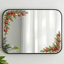 1pc Watercolor Christmas Pine Branch Corner Frame Decorative Glass Sticker, Red & Gold Christmas Ball, Bell, Bow Bathroom Glass Decorative Sticker - 25*25 cm - View 5