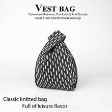 經典黑白菱格紋針織手提包，結飾設計，極簡休閒迷你腕包 - 黑色 - 查看 7