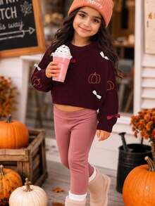 Tween Girl Pumpkin Embroidery Bow Decor Round Neck Sweater - Multicolor - View 1