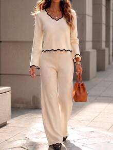 Women's Fashion Light Apricot Sweater Set, Contrast Trim Design, Casual Long Sleeve Sweater With Wide Leg Sweater Pants, Winter Outfit - Light Apricot - View 10