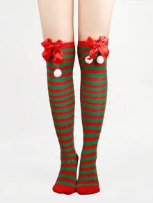 4/3/1 Pairs Christmas Striped Solid Color Bow Pom Pom Deer Head Green Red Cute Holiday Over Knee Thigh High Socks - Multicolor - View 21