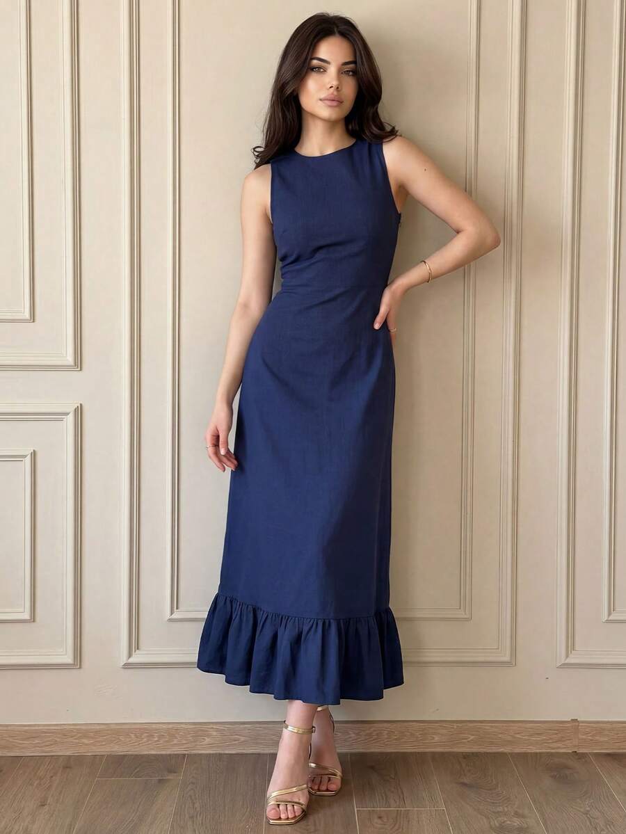QUNGIGU Women's Elegant Sleeveless Mid-Length Dress With Waist Tie And Ruffle Hem, Formal Cocktail Party Wedding Guest Dress - Navy Blue - View 1