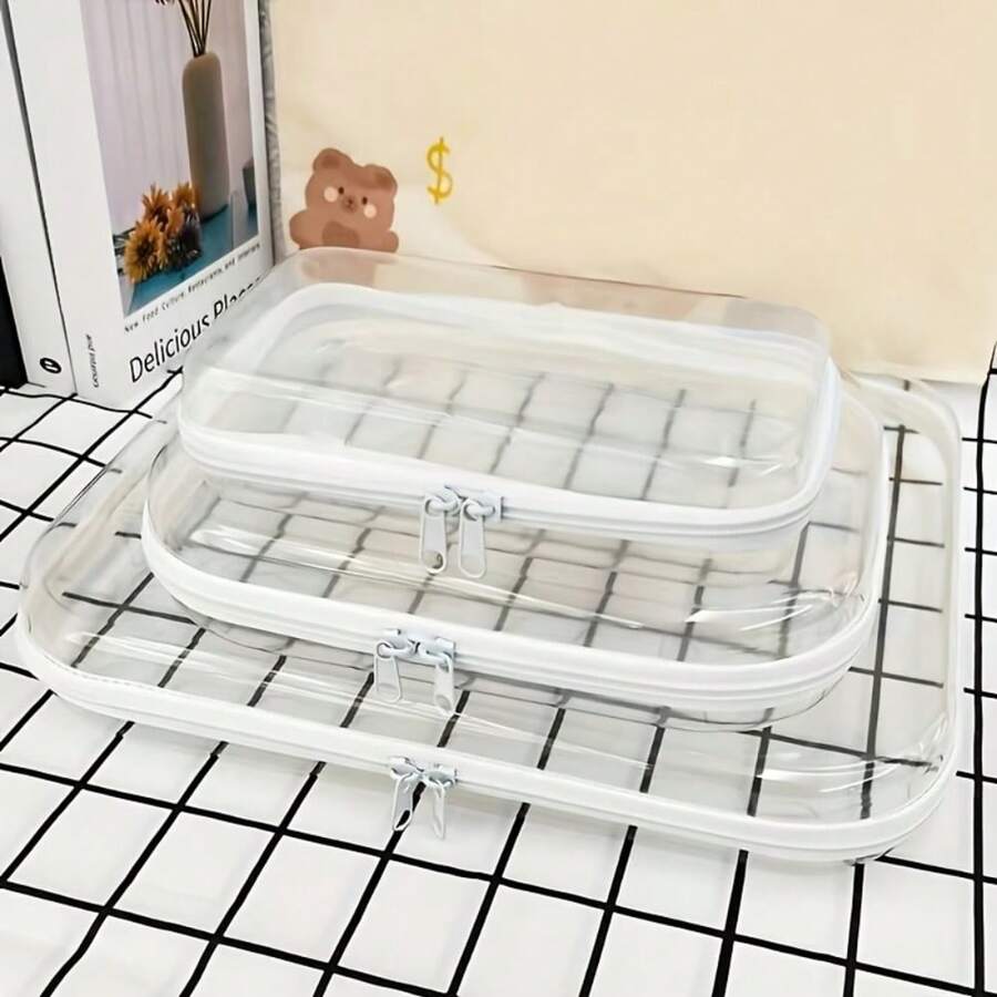 3pcs Transparent Zipper Storage Boxes With Lids, Clear Organizer Boxes, Durable Travel And Electronic Device Storage, Durable Plastic Organizer Boxes, Suitable For Craft Materials, Hair Ties, Hair Accessories, Jewelry Organization And Storage, For Home Decor, Craft Room, Office - White - View 1