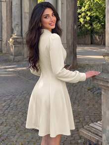 Women's Elegant Keyhole Stand Collar Mini Dress, Long Puff Sleeve Slim Fit A‑Line Short Dress For Autumn Daily & Date Outfit - Apricot - View 11