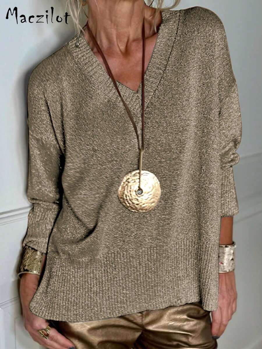 Plus Size Women Solid Color V-Neck Drop Shoulder Long Sleeve Casual Loose Sweater, Autumn/Winter Fall