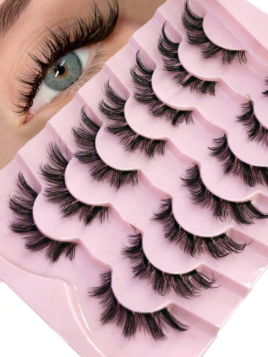 7 Pairs Pack False Eyelashes Wispy Lashes D Curl Cat Eye Lashes Fluffy Lashes Clear Band Natural Look Fox Eye Fake Lashes Manga Faux Mink Strip Lashes - Black - View 1