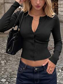 Petite Women's Casual Fashion Black Round Neck Long Sleeve Waist Fitted Knit Cardigan, Spring/Autumn Fall - Black - View 5