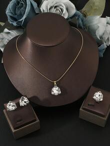 Elegant Triangle Multi-Color Crystal Jewelry Set, Gold Snake Chain Pendant Necklace Earrings Ring Set, Party Wedding Accessories Gifts For Women - Multicolor - View 12