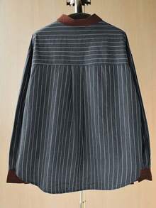 Women's Casual Striped Long Sleeve Shirt, Versatile & Minimalist Spring - Navy Blue - View 2