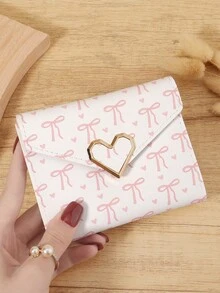 Dompet Wanita Multifungsi Minimalis Kasual dengan Motif Pita, Dompet Multifungsi dengan Dekorasi Hati Logam, Dompet Lipat Tiga untuk Wanita - Putih - View 12
