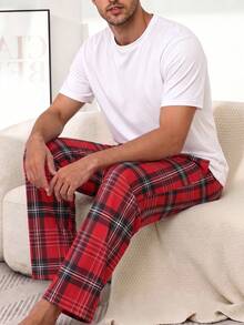 Men's Summer Crew Neck Casual T-Shirt And Casual Long Pants Loungewear Set - White - View 4
