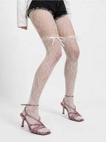 1 Pair Plus Size Women's White Floral Lace Over-The-Knee Socks, Satin Bow Decor Hollow Mesh Socks - Multicolor - View 1