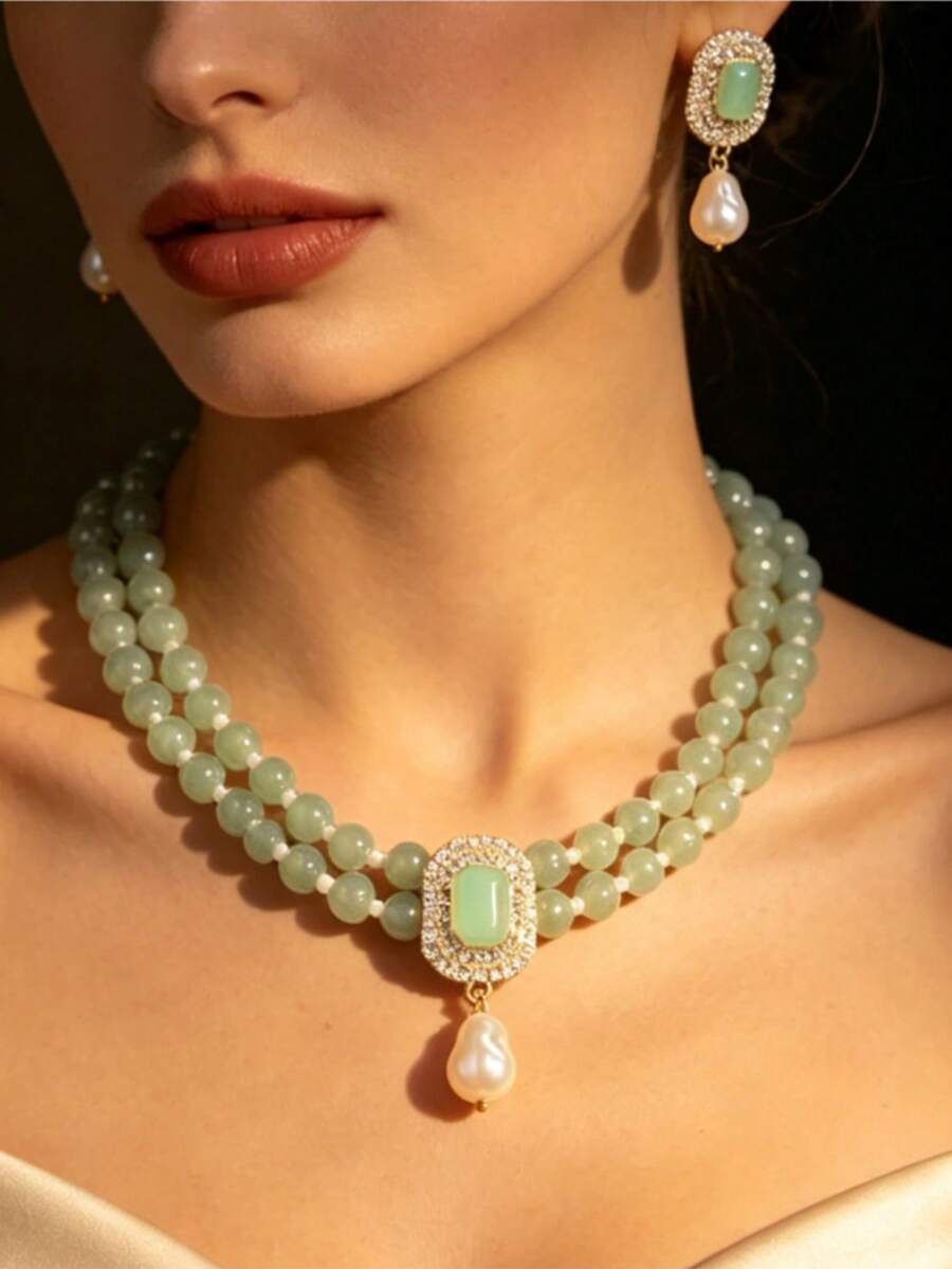 1 Set Vintage Mint Green Beaded Rhinestone Faux Pearl Necklace & Earrings Set, Suitable For Women's Party And Daily Wear