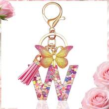 1pc Luxury Pink A-Z Lucky Initial Butterfly Pendant Resin Keychain, Women's Bag And Car Key Charm, Gift For Girlfriend, Mother And Teacher - Pink - View 12