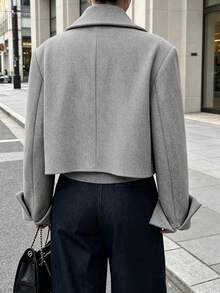 Autumn/Winter Solid Color Blazer Collar Long Sleeve Short Slim Fit Wool Coat, Commute Office Street Style Urban Jacket, Autumn Fashion - Grey - View 6