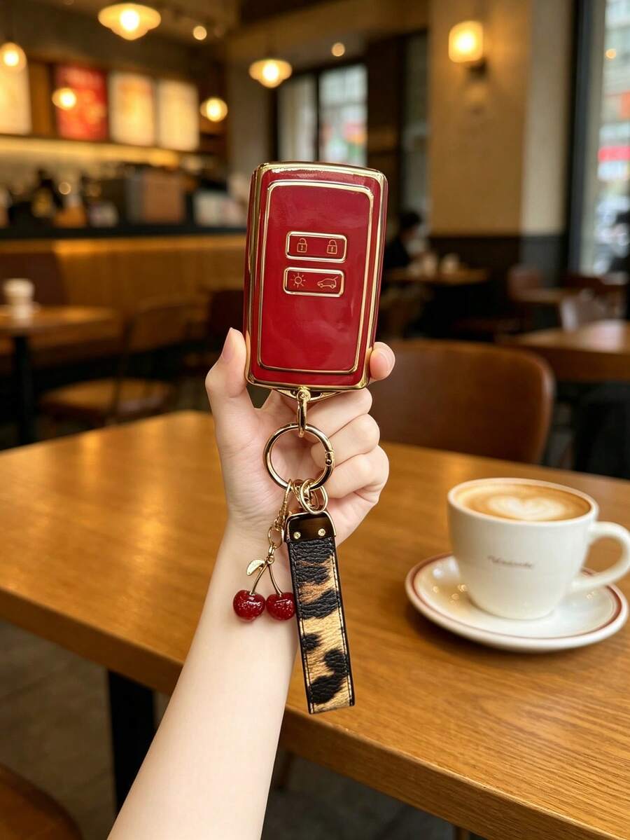 1PC New Shiny Dollar Sign Sticker PU Leopard Print Cherry Pendant Keychain Compatible With Dongfeng Renault Koleos Key Cover Koleos 2022 Renault Car Fashion Women Protective Case Buckle Durable TPU Ideal Gift - Multicolor - View 1