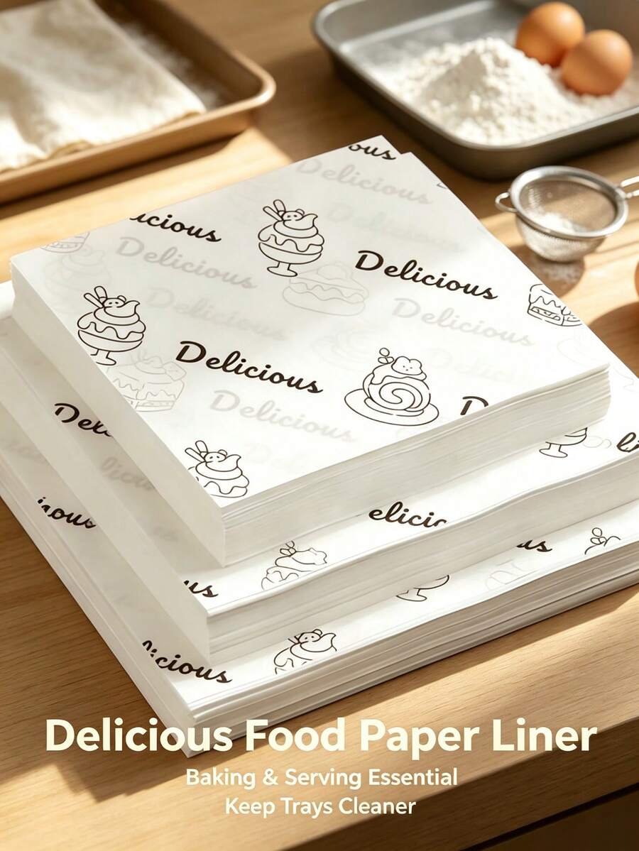 200pcs Printed Food Wrapping Paper Sheets, Grease‑Resistant Baking Paper, Cute Dessert Pattern Liner For Pastry, Sandwich, Fried Food, Bakery Cafe, Kitchen Daily Food Serving & Display[100/50/1pc] - Multicolor - View 1