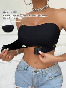 Black Ribbed Front-Clasp Bandeau Bra, One-Shoulder Bandeau Top, Front Hook Design, Removable Inserts - Multicolor - View 3