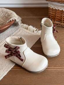 Sepatu Bot Pendek Anak Perempuan Motif Kotak-kotak Vintage dengan Pita, Resleting Dalam, Sol Lembut Anti Selip, Sepatu Bot Pendek Putri Manis untuk Musim Gugur/Dingin - Krem - View 2
