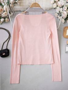 Sweater Rajut Leher Halter 2-in-1 Motif Bunga 3D untuk Wanita, Desain Musim Gugur/Dingin, Ramping, Elegan, Niche, Lengan Panjang, Atasan Pullover - Berwarna merah muda - View 9