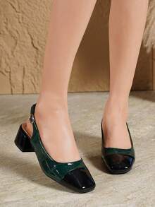 2026 New Vintage Patchwork Crocodile Texture Square Toe Backless 4cm Chunky Heel Sandals With Adjustable Buckle Strap, Snug Fit To Foot Shape, Easy Walking, Suitable For Daily Commute, Dating, Party And Multiple Outfit Scenarios Women's Shoes - Black Ink Green - View 3