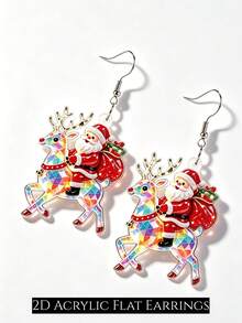 Pendientes colgantes 2D lindos de Papá Noel montando un reno, pendientes de colgante acrílico con reno arcoíris y bolsa de regalo de Papá Noel, regalo de joyería navideña de invierno para mujeres - Papá Noel montando un reno - Ver 7