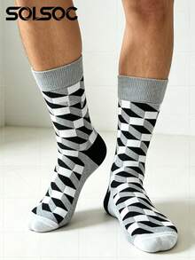 1/3/6 Pairs Men's Retro Geometric Argyle Mid-Calf Socks, Soft Breathable Classic Color Block Design Dress Socks, Suitable For Daily Casual Wear And Office - Multicolor - View 2