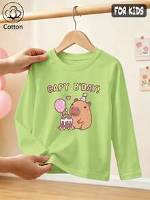 Girls Cotton Raglan Long Sleeve Tee, Autumn Winter Top With Cartoon Capybara Print, Cute Sweet Schoolgirl Style - Fruit Green - View 1