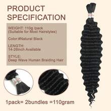 110g 2 Bundles/Pack Human Braiding Hair For Boho Braids Human Curly Boho Hair For Braiding Knotless Deep Wave Bulk Bohemian Natural Black Color - Natural Black - View 4