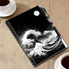 1 Set Japanese Ukiyo-E Style 2D Spiral Coil Notebook And Pen Set, Black And White Wave And Moon Artistic Collision. Great Helper For Work And Study, Suitable For Diary, Daily Planning And Memo. Premium Gift Choice For Graduation, Birthday And Other Occasions, Inspiring Writing And Beautiful Daily Life, Accompanying You To Start Every Moment Of Recording. - 1 Book + 1 Pen - View 7