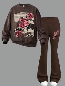 2pcs/Set Girls Round Neck Sweatshirt Outfit, Vintage Rose Print Design With Simple Casual Flared Pants, Autumn/Winter Old Street Style - Brown - View 2
