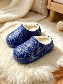 1 Pair Spider Web Pattern Fleece Slip-On Kids Shoes, Warm & Comfortable House Shoes, Suitable For Indoor & Outdoor Daily Wear - Blue - View 5