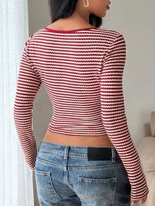 Vintage Red & White Colorblock Striped V-Neck Long Sleeve Knit Top For Women, Textured Slim Fit Cropped Waist-Cinching Base Layer, Sexy Style - Red and White - View 5