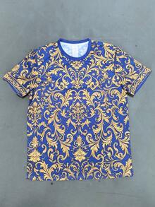 Blue & Gold Baroque Style All-Over Sublimation Print Men's Short Sleeve T-Shirt, Polyester Fiber Loose Fit Crew Neck Casual Summer Top - Multicolor - View 4